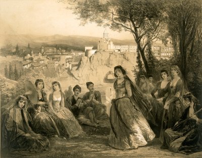 Kert Tiflisz mellett, Grúzia, 27. tábla egy Kaukázusról szóló könyvből, kiadta Alfred Leon Lemercier, Párizs, 1847. alkotó: Grigori Grigorevich Gagarin